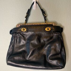 Talbots Black Leather Double Turnlock Snakeskin Trim Frame Satchel Bag EUC